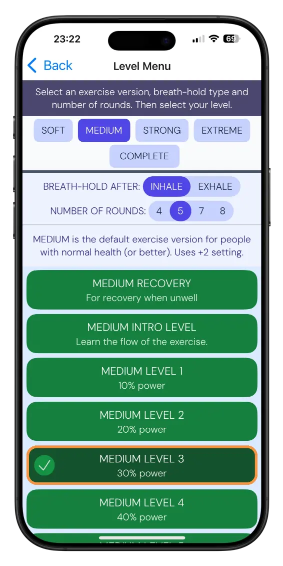 Screenshot of the Reuvers Breathing App showing the level selection menu